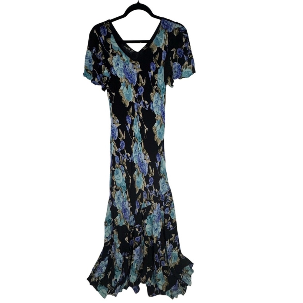 Lola P Womens Floral Maxi Dress L Flutter Sleeve Beading Whimsical Forest Fairy